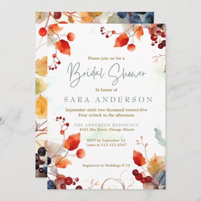 Fall Watercolor Blommigt Inbjudningskort för möhip (Fram/baksida)