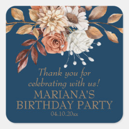 Fall Watercolor Blommigt Navy Blue Party Favoriter Fyrkantigt Klistermärke