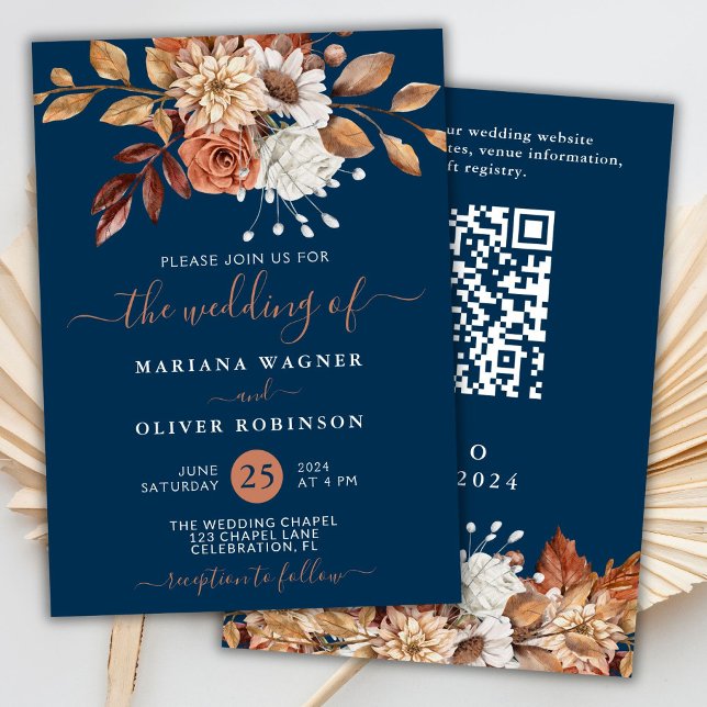 Fall Watercolor Blommigt Navy Blue QR Code Bröllop Inbjudningar (Skapare uppladdad)