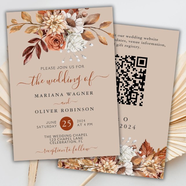 Fall Watercolor-Blommigt på Beige QR-koden Bröllop Inbjudningar (Skapare uppladdad)