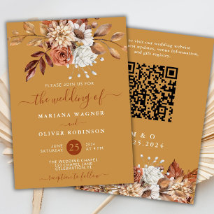 Fall Watercolor-Blommigt på Guld QR-koden Bröllop Inbjudningar