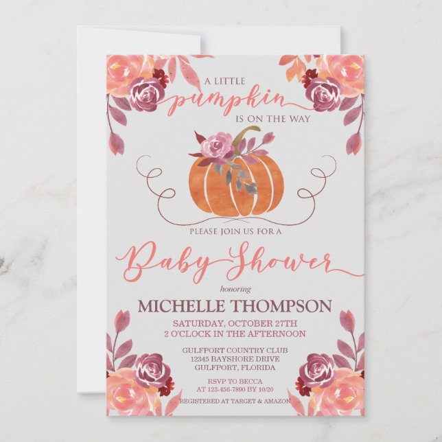 Fall Watercolor Blommigt Pumpkin Baby Shower Inbjudningar (Framsida)