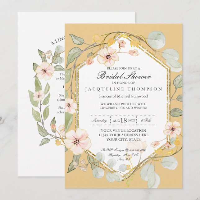 Fall Watercolor Blommigt Ro Mustard Möhippa Inbjudningar (Fram/baksida)