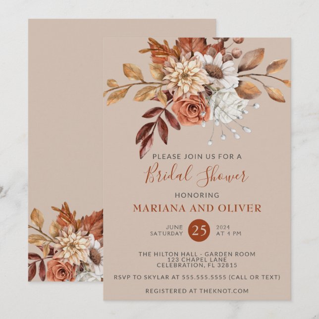 Fall Watercolor Blommigt Taupe-Möhippa Inbjudningar (Fram/baksida)