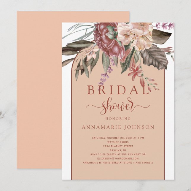 Fall Watercolor Blommigts Rust Terracotta Peach Inbjudningar (Fram/baksida)