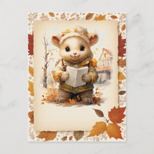 Fall Watercolor Lamb som håller i brev - Vykort