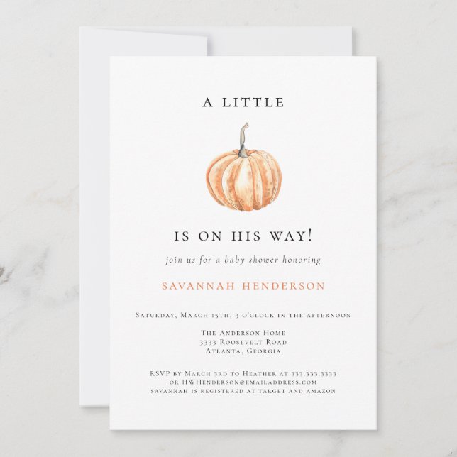 Fall Watercolor Little Pumpkin Orange Baby Shower Inbjudningar (Framsida)