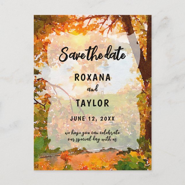 Fall Watercolor Löv Bröllop spara datum Vykort (Framsida)