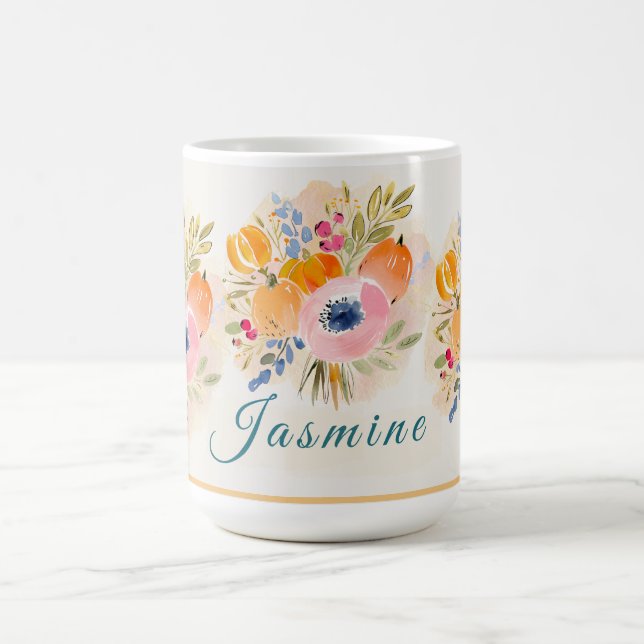 Fall Watercolor Pumpkin & Bloom – Autumn floral Kaffemugg (Center)