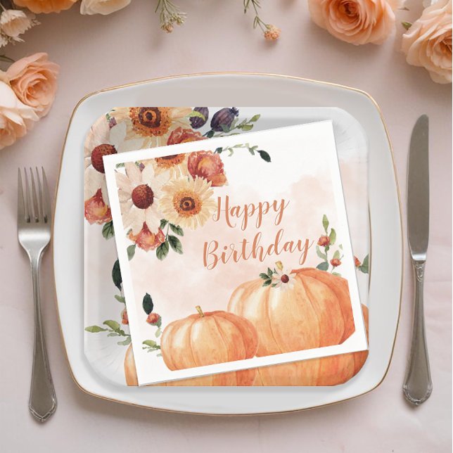 Fall Watercolor Pumpkins Blommigt Birthday Pappersservett (Fall Floral Birthday Party Napkins)