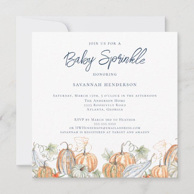 Fall Watercolor Pumpkins Blue Baby Sprinkle Inbjudningar (Framsida)