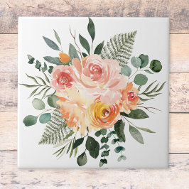 Fall Watercolor Rustic Rosa Peach Flower Bouquet Kakelplatta