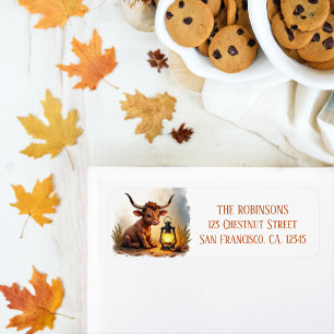 Fall Watercolor Texas Longhorn Calf Lantern Returadress Etikett