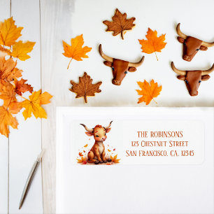 Fall Watercolor Texas Longhorn Calf Returadress Etikett