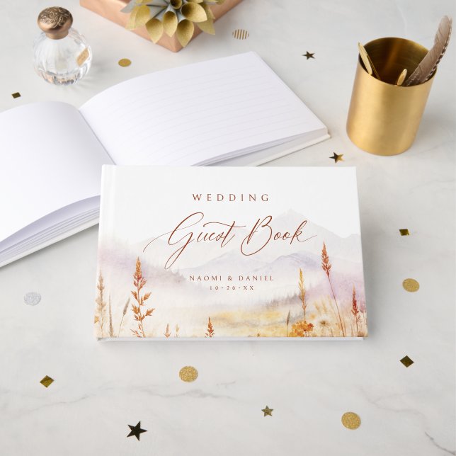 Fall Watercolor Wildflower Mountain Rustic Wedding Gästböcker (Framsida öppen)