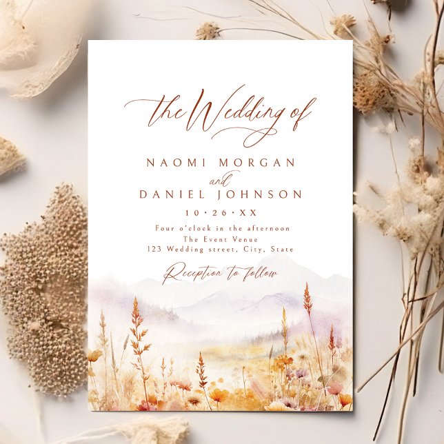 Fall Watercolor Wildflower Mountain Rustic Wedding Inbjudningar (Fall Watercolor Wildflower Mountain Rustic Wedding Invitation)