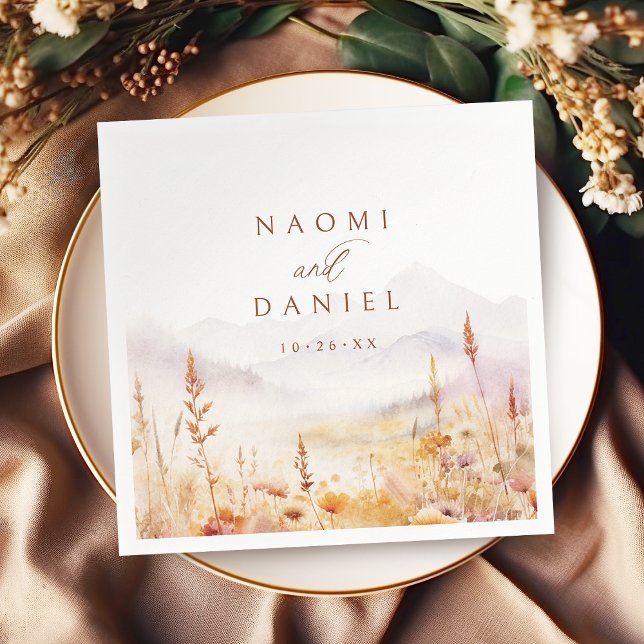 Fall Watercolor Wildflower Mountain Rustic Wedding Pappersservett (Fall Watercolor Wildflower Mountain Rustic Wedding Napkins)