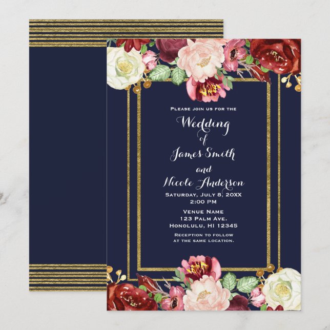 Fall Wedding Blue & Guld Chic Bold Blommigt Marsal Inbjudningar (Fram/baksida)