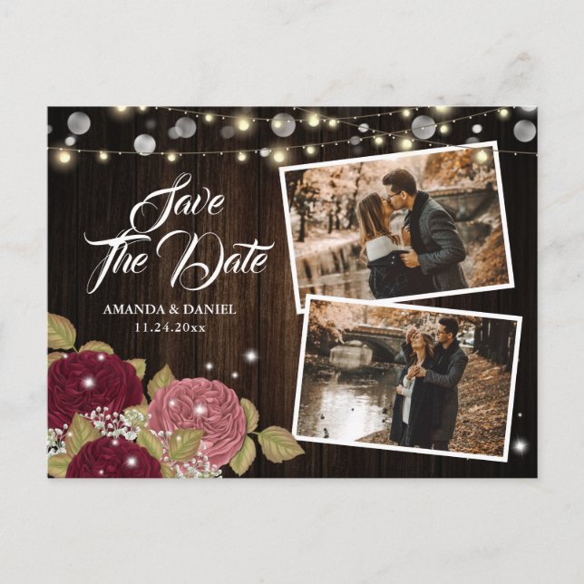 Fall Wedding Burgundy  2 Foto Save Date Meddelande Vykort (Framsida)