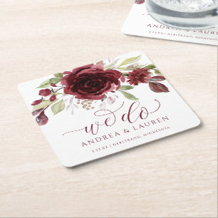 Fall Wedding Burgundy Vin Red Blommigt Foliage Underlägg Papper Kvadrat