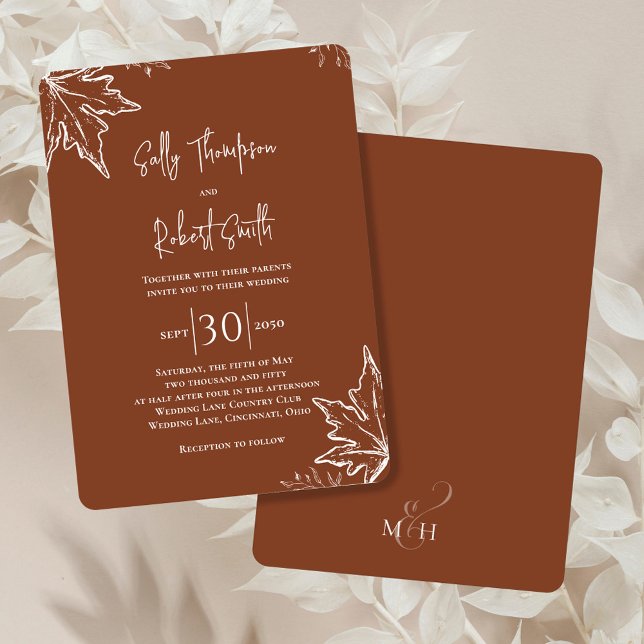 Fall Wedding Elegant Höst löv Anpassningsbar Inbjudningar (Fall wedding invitation with elegant burgundy background.)