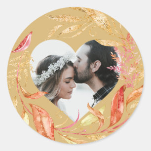 Fall Wedding Foliage Heart Photo Guld Gult Runt Klistermärke