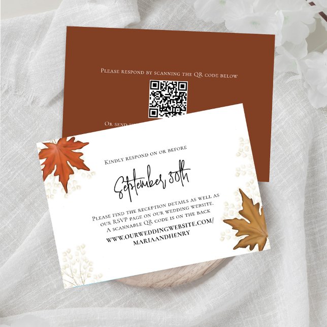 Fall Wedding Löv Elegant OSA QR-kod Kort (Elegant Fall Leaves Watercolor enclosure card.)