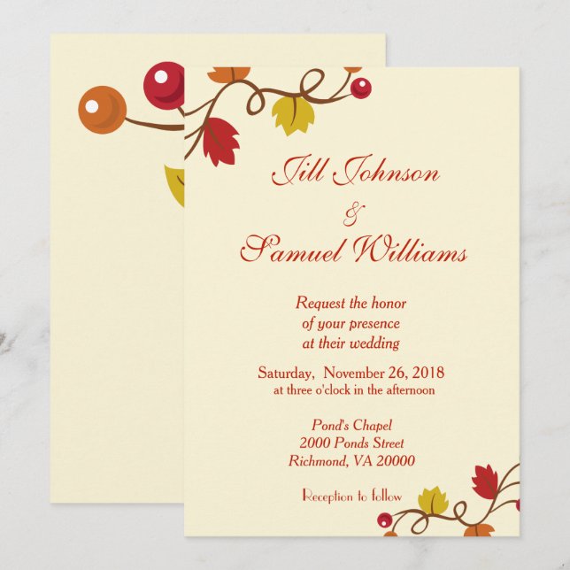 Fall Wedding Löv och Berry Vine Inbjudningar (Fram/baksida)