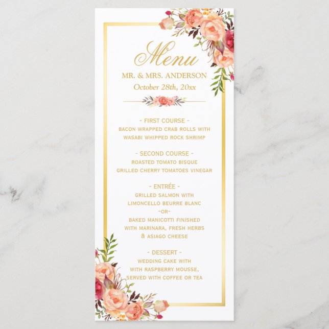 Fall Wedding Menu Rustic Coral Blommigt Guld Ram Meny (Framsida)