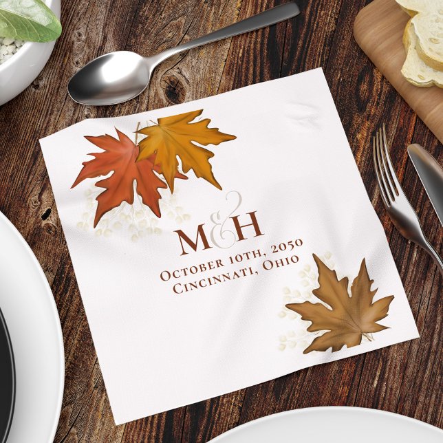 Fall Wedding Monogram Watercolor Löv Pappersservett (Fall Leaves watercolor monogram custom cocktail napkin,)
