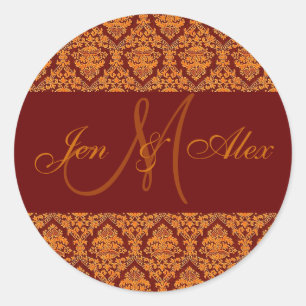 Fall Wedding Namn & Monogram Guld Orange Sticker Runt Klistermärke