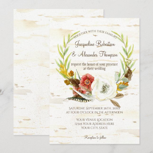 Fall Wedding Wandeann Boho Feather Birch Bark Popp Inbjudningar (Fram/baksida)