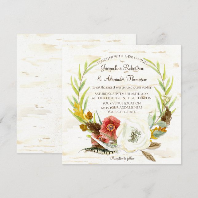Fall Wedding Wandeann Boho Feather Birch Bark Squa Inbjudningar (Fram/baksida)