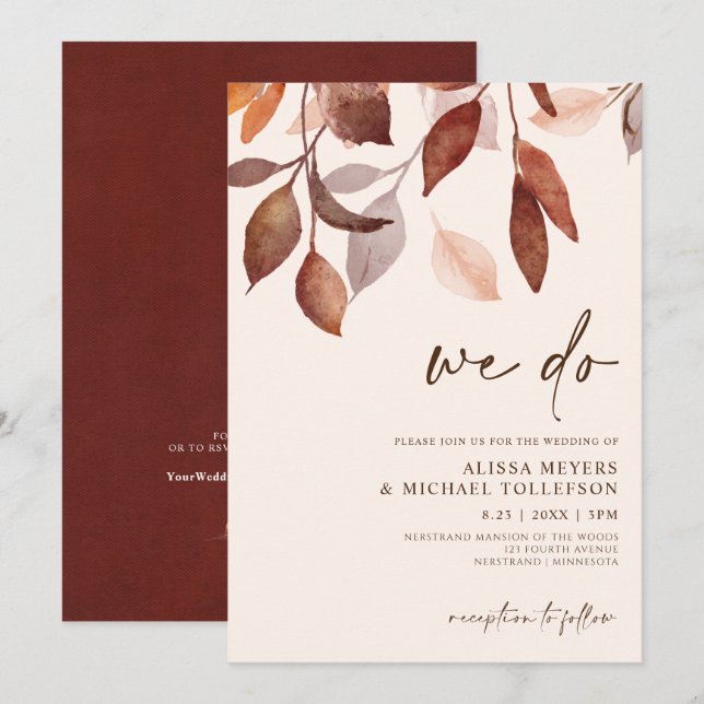 Fall Wedding Watercolor Lövs Foliage Rust Orange Inbjudningar (Fram/baksida)