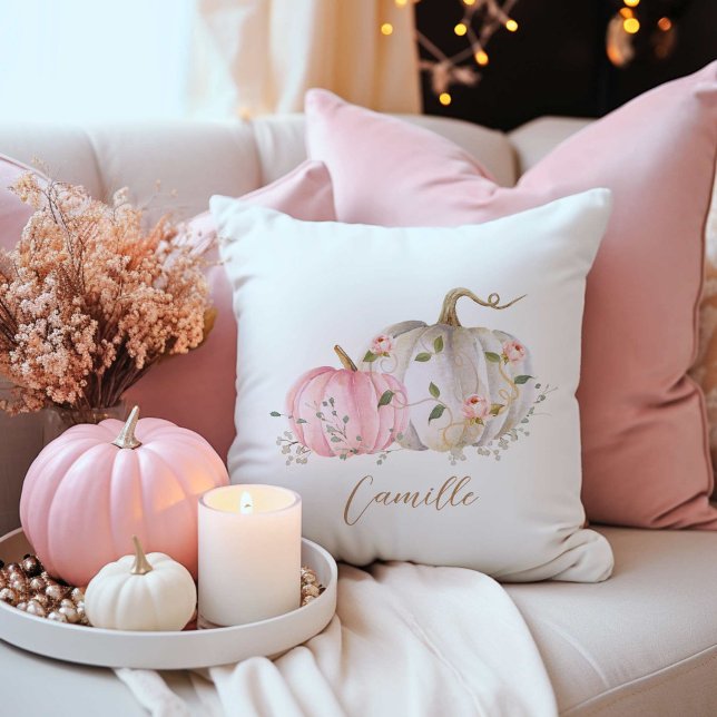Fall White och Rosa Pumpkin Decorative Kudde (Pink and White Pumpkin kids decorative pillow)
