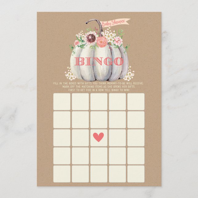Fall White Pumpkin Baby Shower Bingo Game Meny (Framsida)