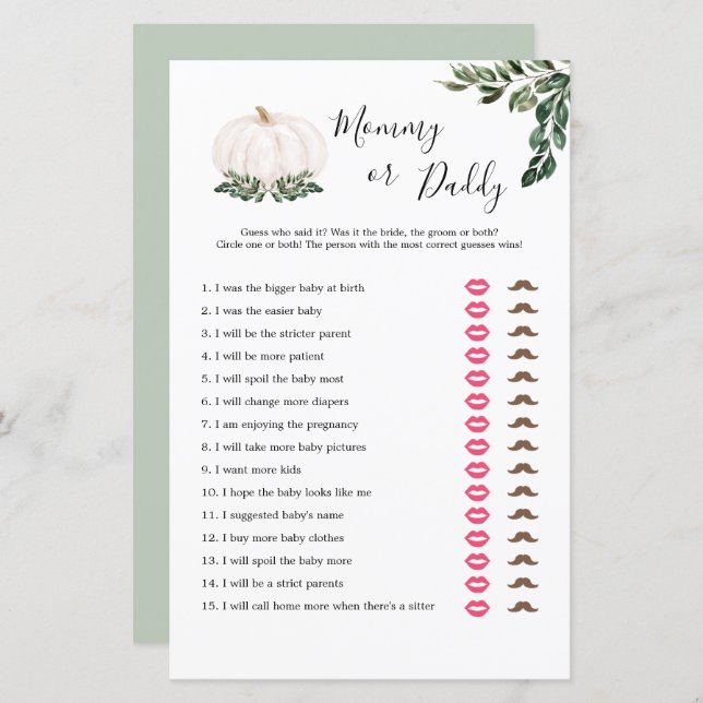 Fall White Pumpkin Mamma eller pappa Game Cards (Fram/baksida)