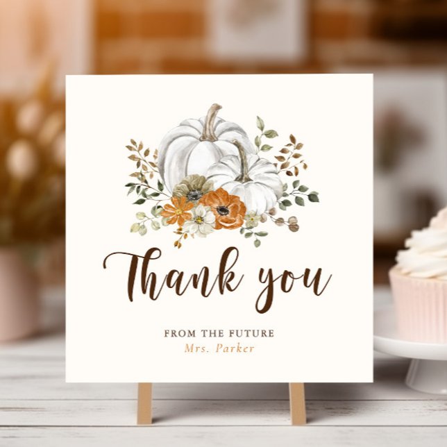Fall White Pumpkin-Möhippa Tack Kort (Rustic Fall White Pumpkin Bridal Shower Thank You Card Square)