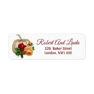 Fall White Pumpkin Rustic Art Roses Floral Returadress Etikett