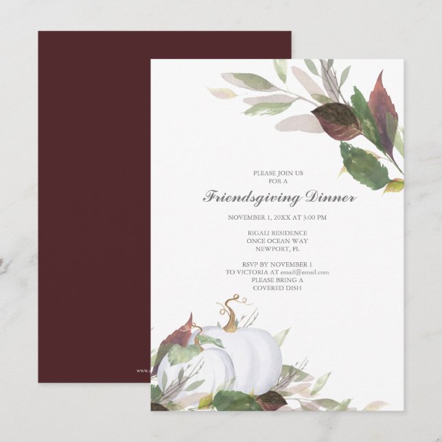 Fall WHITE PUMPKIN Vänner Ge middag Inbjudningar (Fram/baksida)