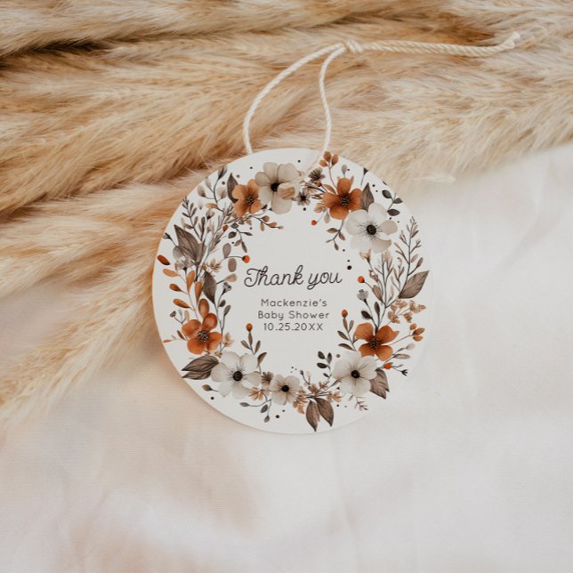 Fall Wildblomma Baby Shower Gåvor Etiketter (Cozy in Bloom Circle Gift Tag)