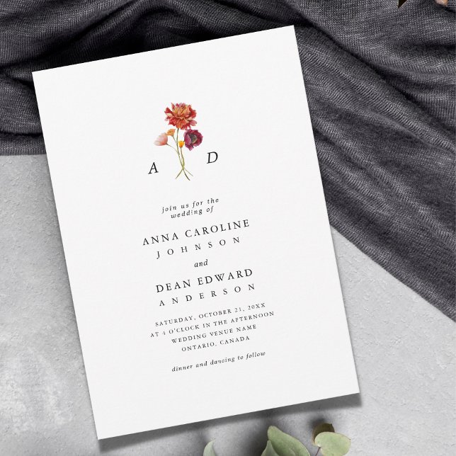 Fall Wildblomma Botaniskt monogram QR-kod Bröllop Inbjudningar (Skapare uppladdad)