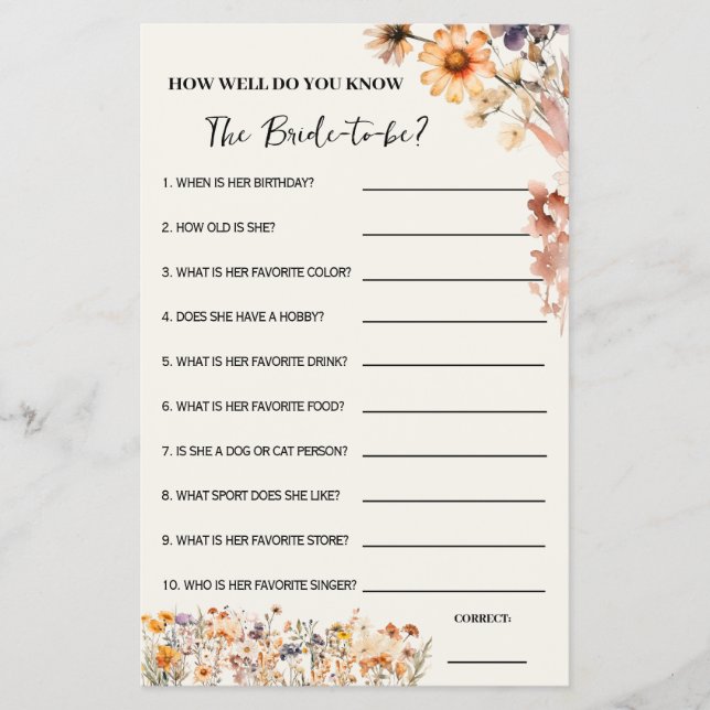 Fall Wildblomma hur bra du vet hennes spelkort Flygblad (Framsidan)