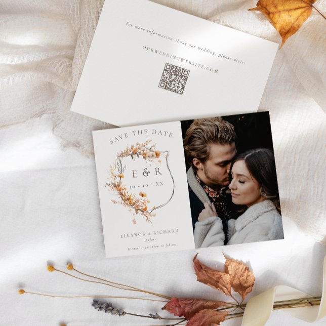 Fall Wildblommor Monogram Vapensköld QR Photo Bröl Spara Datumet (Skapare uppladdad)