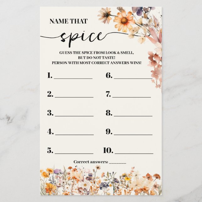 Fall Wildblommor Namn som spelkortet Spice Shower Flygblad (Framsidan)