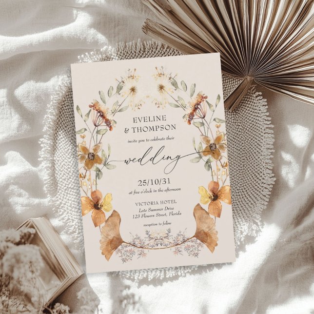 Fall Wildblommor Watercolor Blommigt gingko Bröllo Inbjudningar (Fall Wildflowers Watercolor Floral gingko Wedding Invitation)