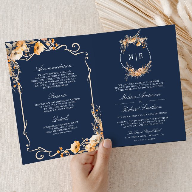 Fall Wildflower Crest Navy Blue QR Code Wedding Inbjudan (Skapare uppladdad)
