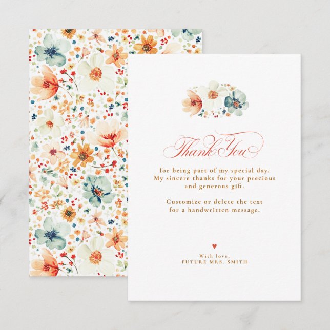 Fall Wildflower Wedding Small Thank You  Tack Kort (Fram/baksida)