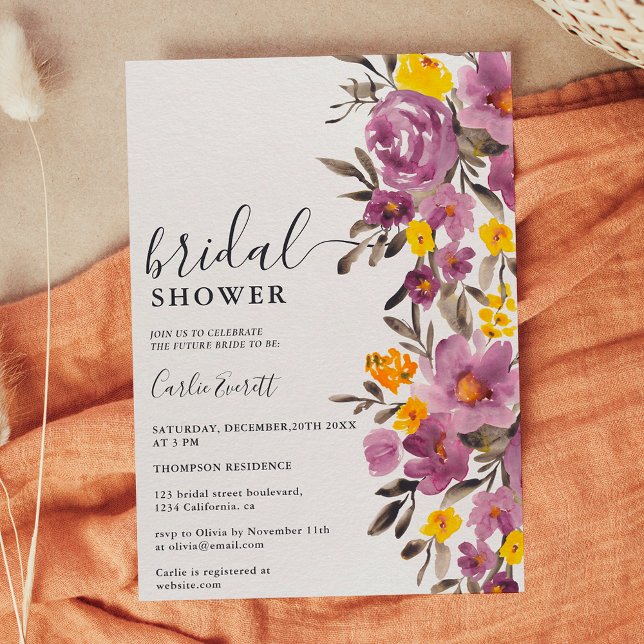 Fall Winter lila blommigt möhippa Inbjudningar (Fall Winter purple floral bridal shower Invitation)