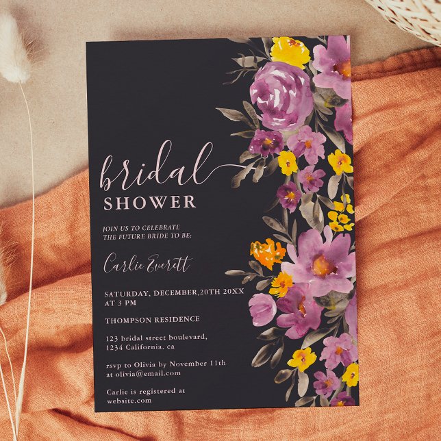 Fall Winter mörk lila blommigt möhippa Inbjudningar (Fall Winter dark purple floral bridal shower Invitation)